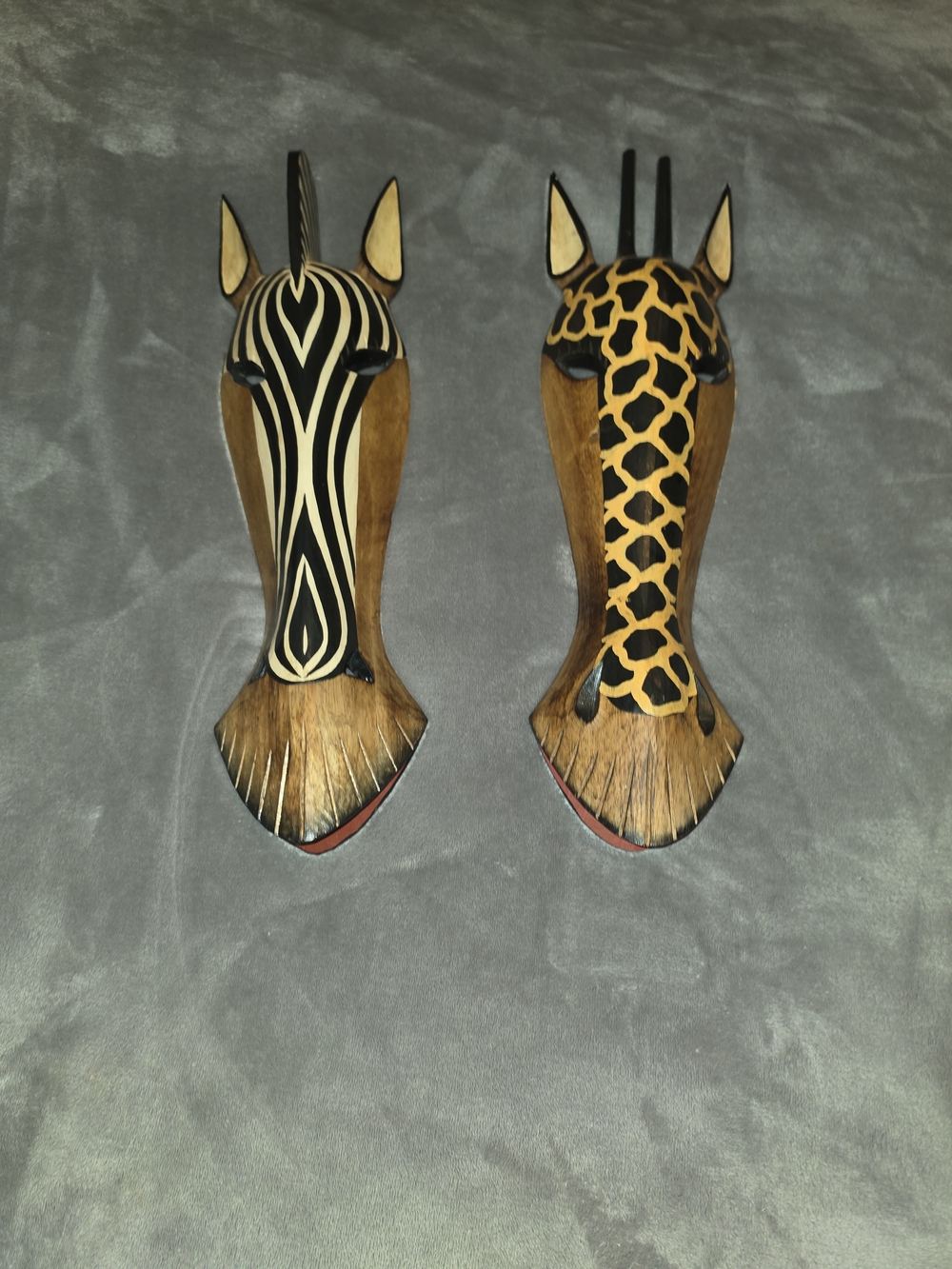 2 Large Hand-Carved Wood Animal Wall Masks - Zebra & Giraffe 19 X 5inch